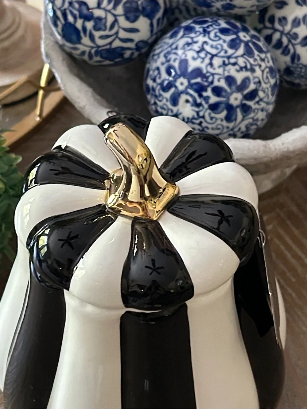 NEW! Mackenzie Childs Inspired Black & White Striped Ceramic Pumpkin Canister